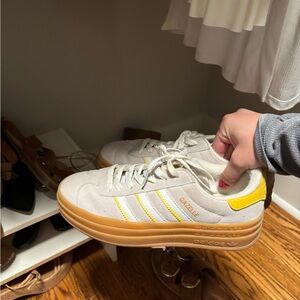 adidas Gazelle Cream Suede Sneakers with Yellow Stripes